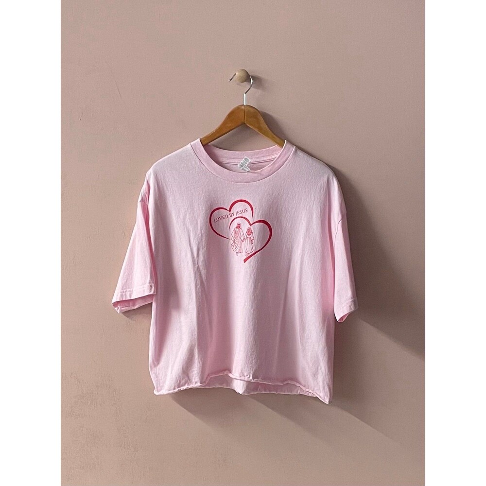 Light Pink & Red Christian “Loved By Jesus” Boxy Cropped Graphic Tee Size XL